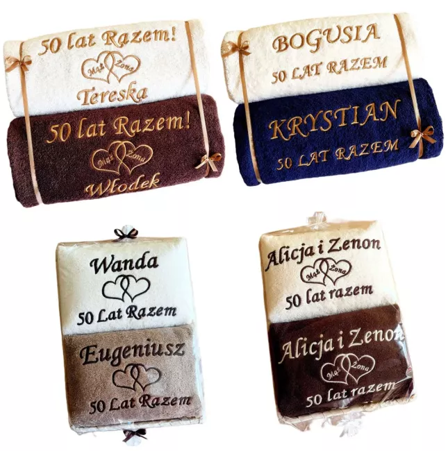 Prezent na 50 rocznicę ślubu dla Rodziców, Teściów, Znajomych - ręczniki z haftem personalizowane