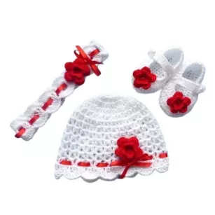 Komplet szydełkowy 3-cz. czapeczka+opaska+buciki, KOLEKCJA KWIATY