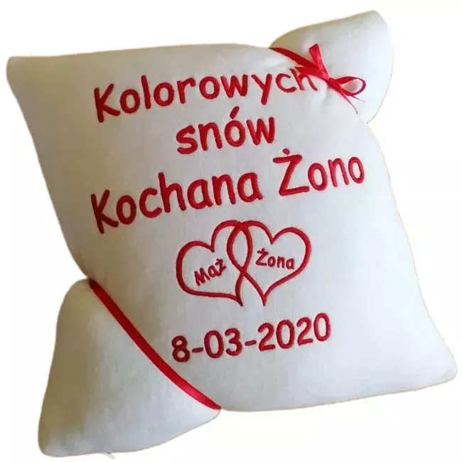 Prezent na Dzień Kobiet dla Żony - poduszka z haftem