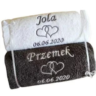Komplet ręczników z haftem - prezent na Ślub, Rocznicę, Jubileusz - 2x ręcznik 70x140 cm