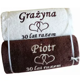 Prezent na Rocznicę Ślubu 1,5,10,20,25,30,35,40,45,50,60 - komplet ręczników z haftem