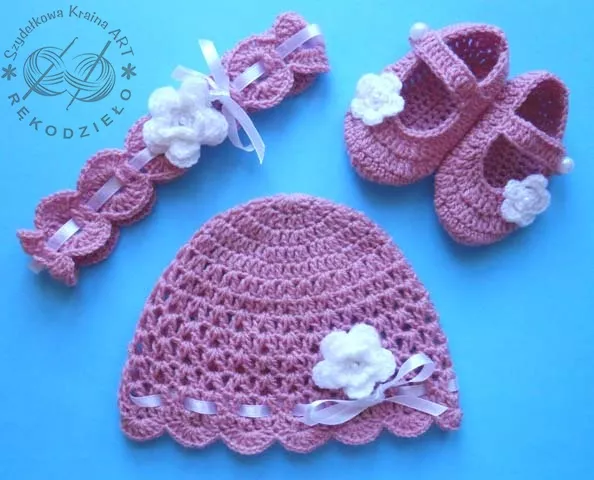 Komplet szydełkowy 3-cz.: czapeczka+opaska+buciki KOLEKCJA KWIATY