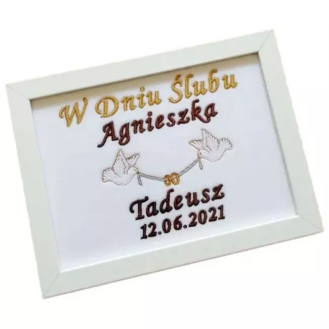 Prezent na Ślub, Pamiątka Ślubna - obrazek haftowany w ramce