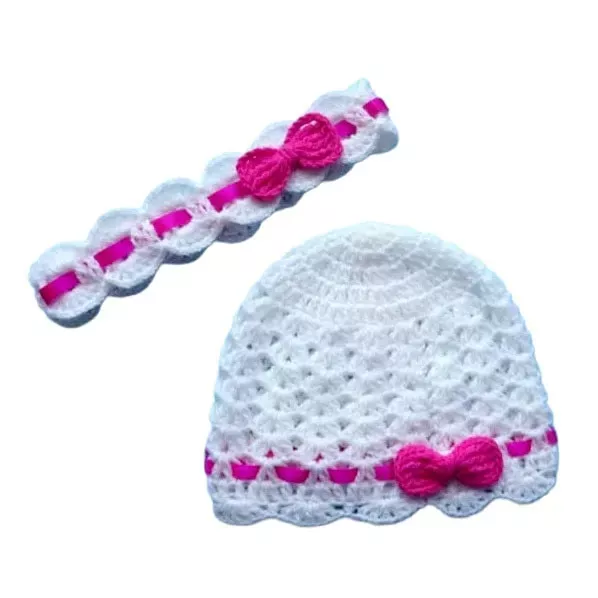 Komplet szydełkowy dla niemowlaka, noworodka - opaska + czapeczka 