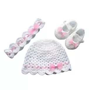 Komplet szydełkowy 3-cz. czapeczka+opaska+buciki, KOLEKCJA KOKARDKI